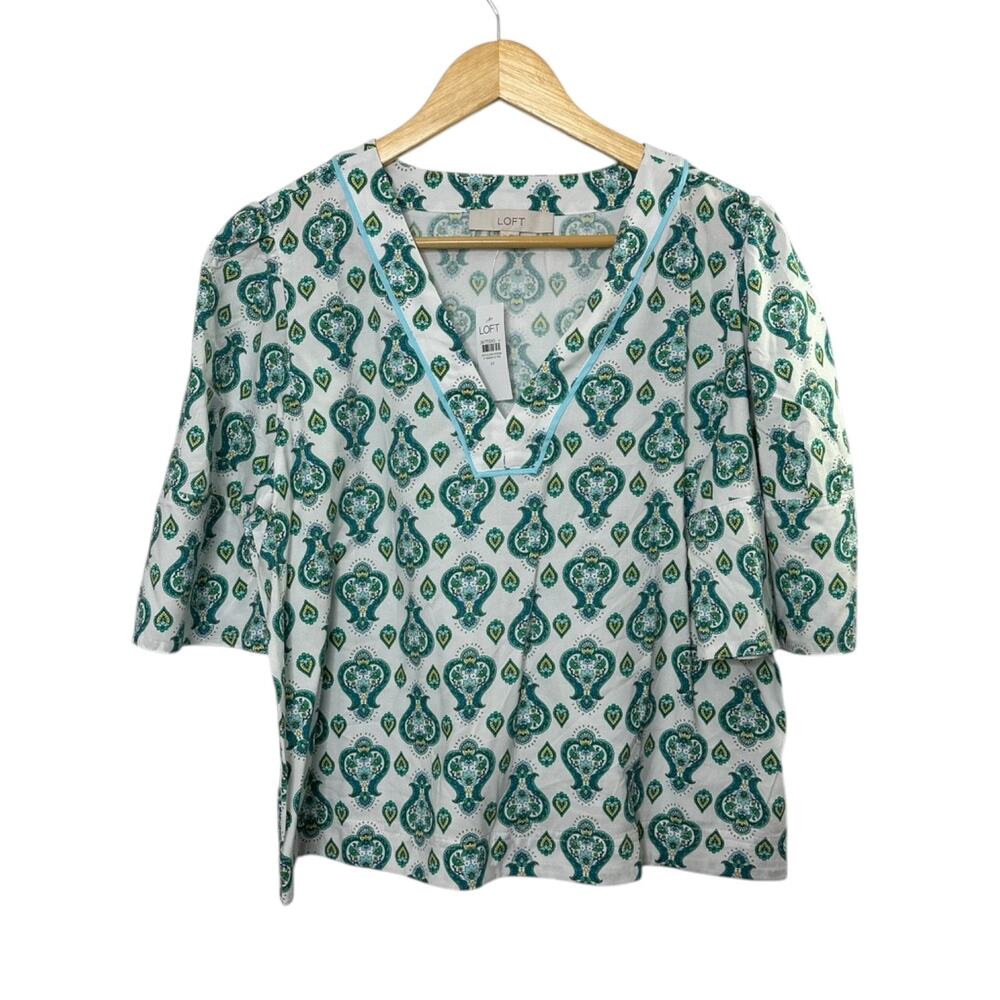 Ann Taylor Loft White & Green Floral Medallion Bell Sleeve Blouse Medium New